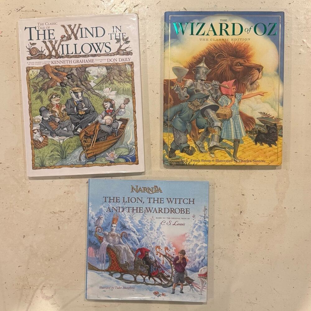 3 Classic Hardcover Books Abridged Illustrated Wind Willows Wizard Oz Lion Witch